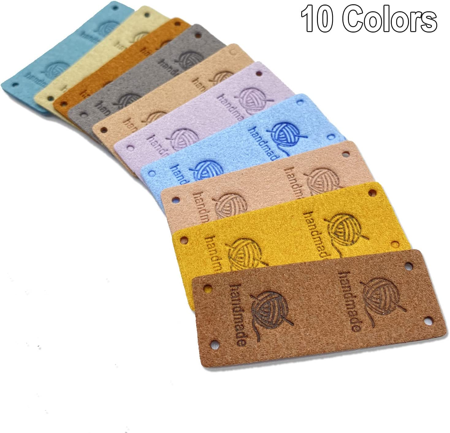 Gewene 50 Pcs Faux Leather Label Handmade Tag Label Folding Handmade Tags Button Holes Embossed Tag Embellishment Knit DIY Jeans Bags Shoes Hat Crafts, Knitting and Crocheting(Yarnball, 10 Colors)