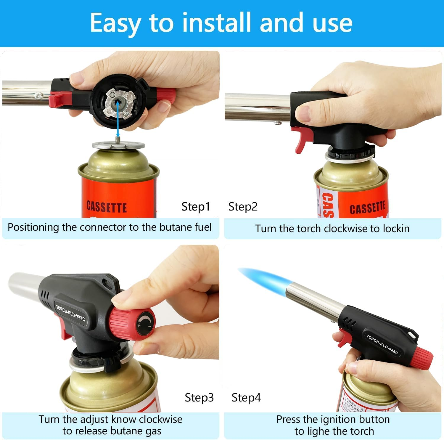 Butane Blow Torch, Professional Gas Burner, Kitchen Blow Lighter Ignition Gun, Adjustable Flame, 360&deg; Reverse Use for Creme Baking Cooking BBQ Camping Welding Soldering Master(Butane Gas Not Included) image number 5