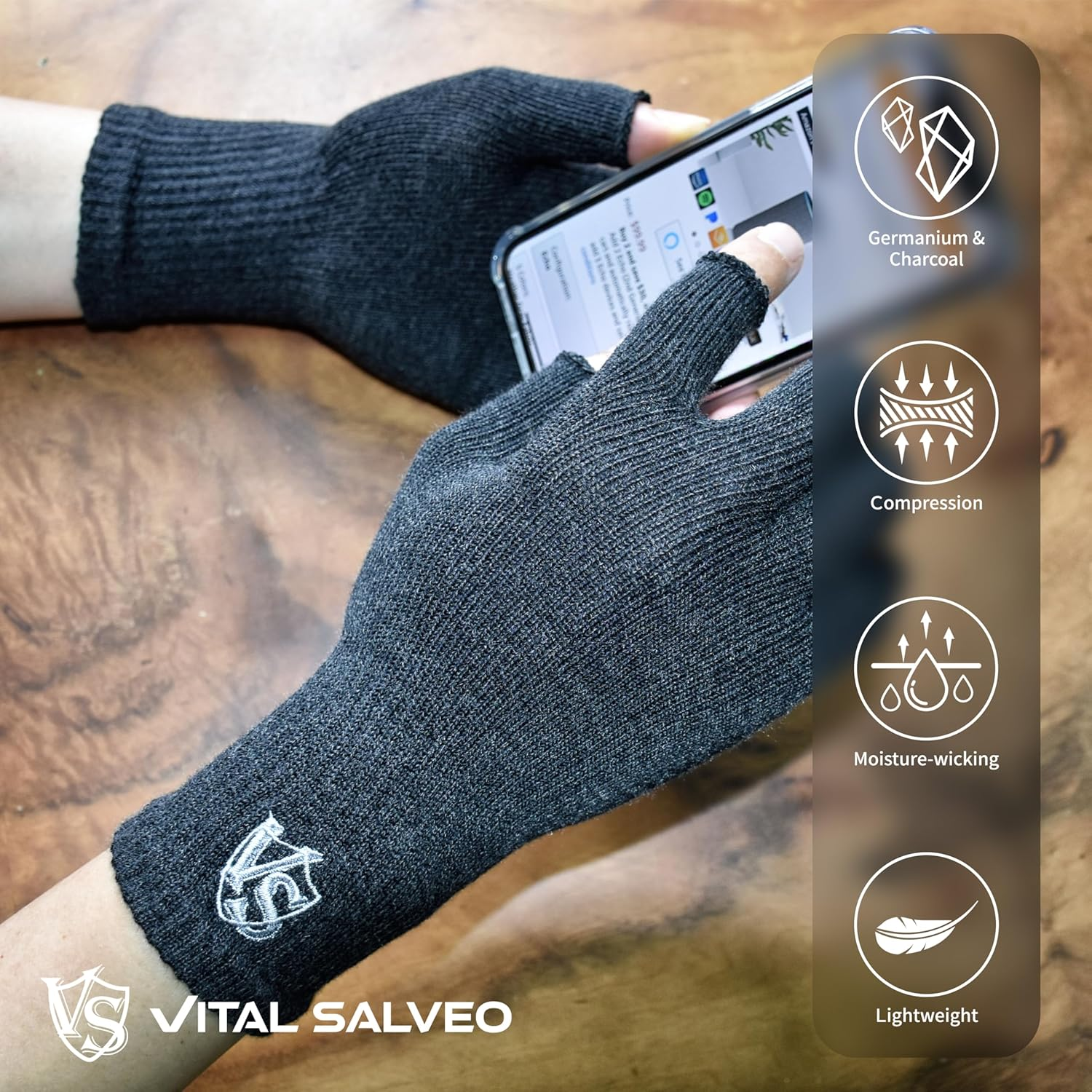 Vital Salveo Germanium & Charocal Fingerless Recovery Gloves,Half Finger Gloves,Arthritis,Stretchy Hands Office, Typing Texting,Circulation,For Men and Women (Pair) image number 3