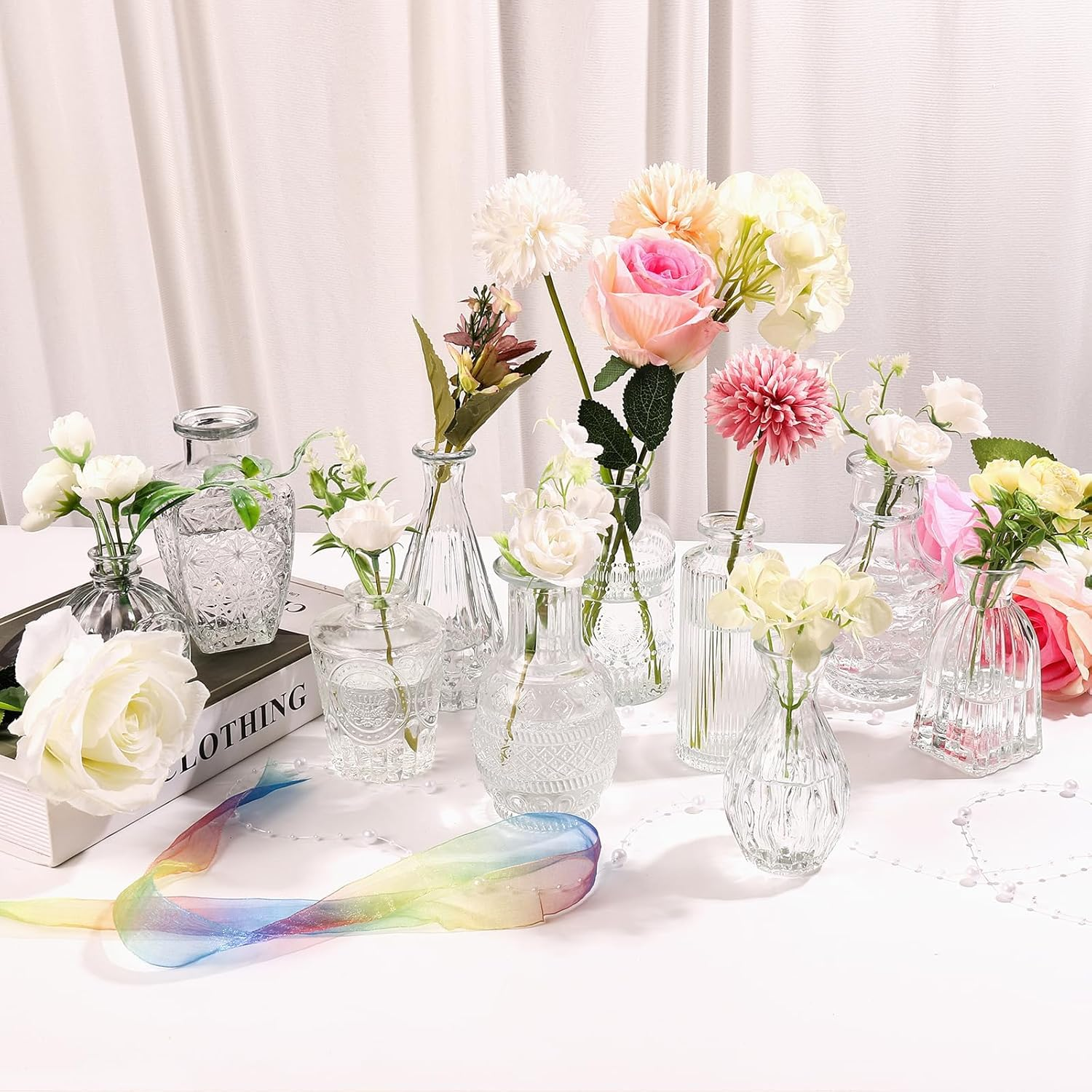 Bud Vases, 10-Piece Transparent Vases, Decorative Table Glass Vases for Flowers, Small Vintage Vase, Center Decoration, Suitable for Flower Arrangement, Party, Wedding