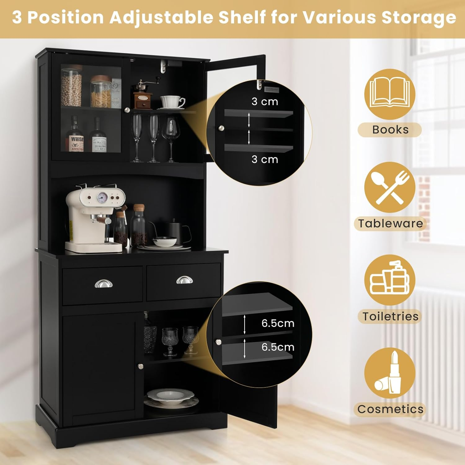 Giantex Kitchen Pantry Buffet Cabinet, Storage Organizer W/Tempered Glass Doors & Double Drawers, Cable Management Hole, Adjustable Shelves & Anti-Toppling System, Cupboard Kitchen Dining Room (Black) image number 5