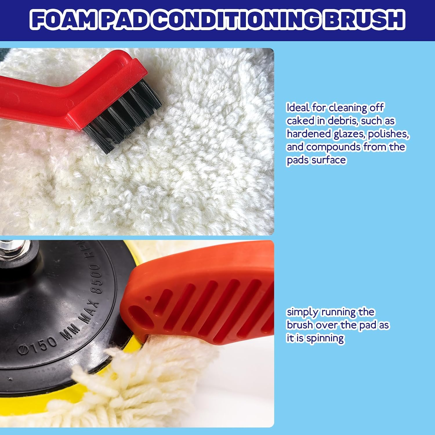 3Pcs 8" Wool Buffer Pad and 7" Hook and Loop Flexible Edge Polishing Backing Pad with Foam Buffing Pad Conditioning Brush for Compound Cutting Polishing and Automotive Car Detailing image number 6