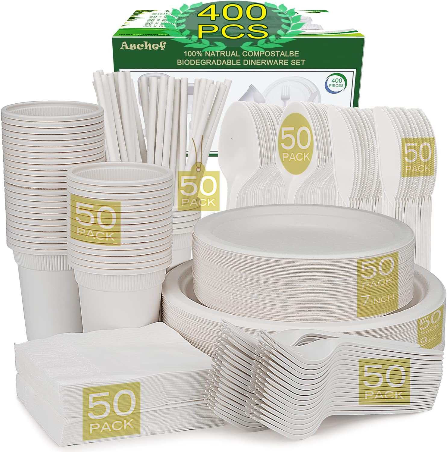 400Pcs Eco-Friendly Biodegradable Disposable Paper Plates Napkins Cups and Re-Usable Cutlery Set, Compostable Sugarcane Bagasse Tableware Dinnerware Dining Sets for Party Dinner Picnic Camping BBQ image number 5