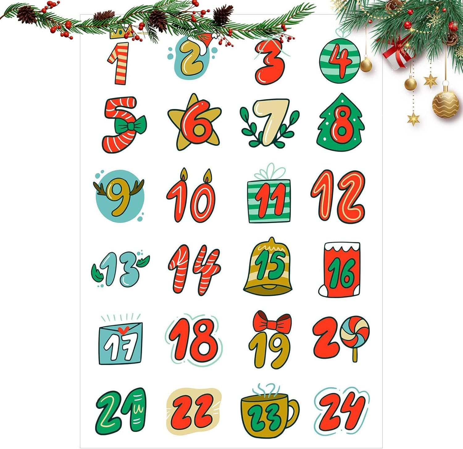 Christmas Advent Stickers | 1-24 Christmas Number Stickers | Festival Card Envelope Sealing Labels for Carnival Supplies image number 2