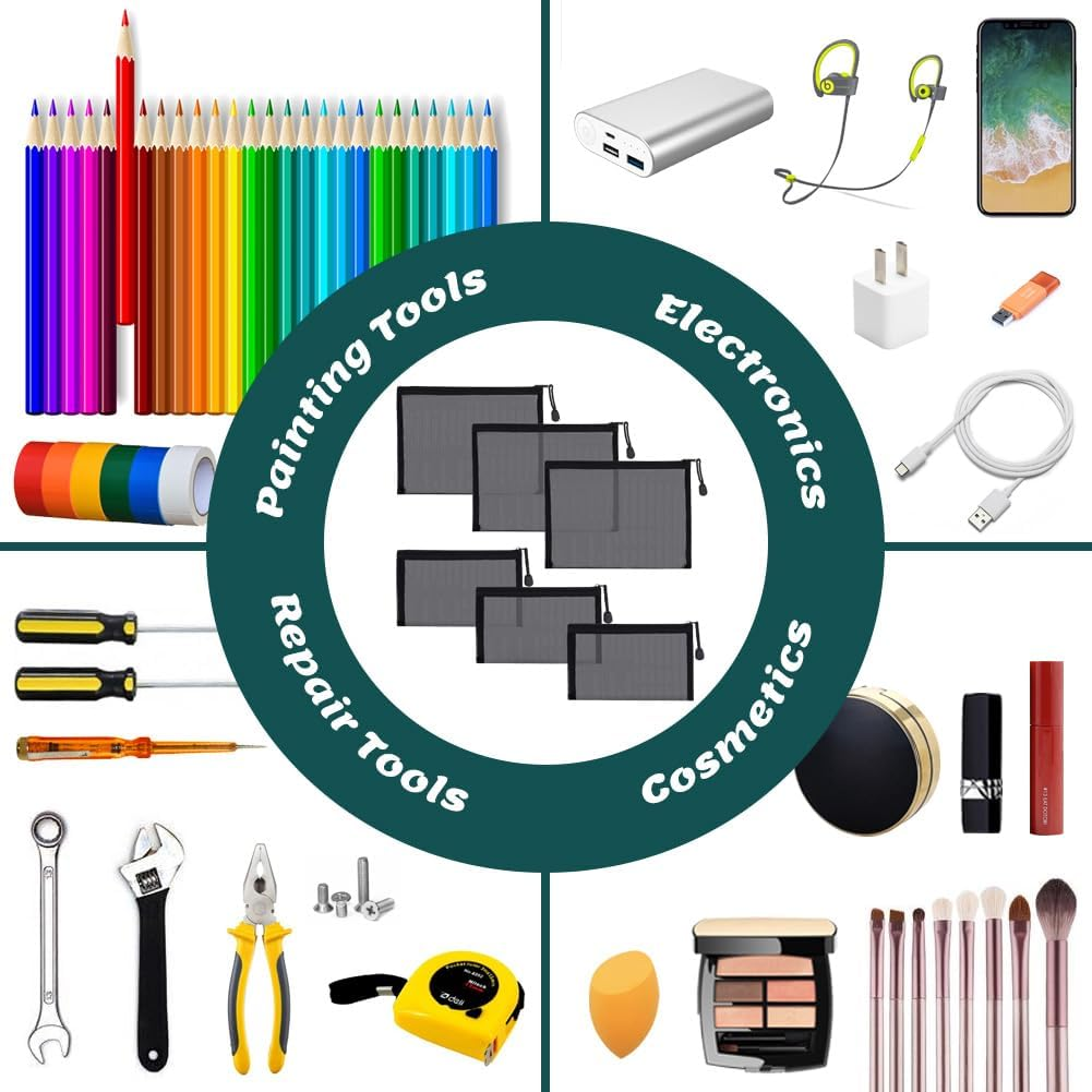 6 Pack Mesh Cosmetic Bags, Nylon Makeup Pouches with Zipper for Home Office Purse Diaper Bag (Black) - Black image number 3