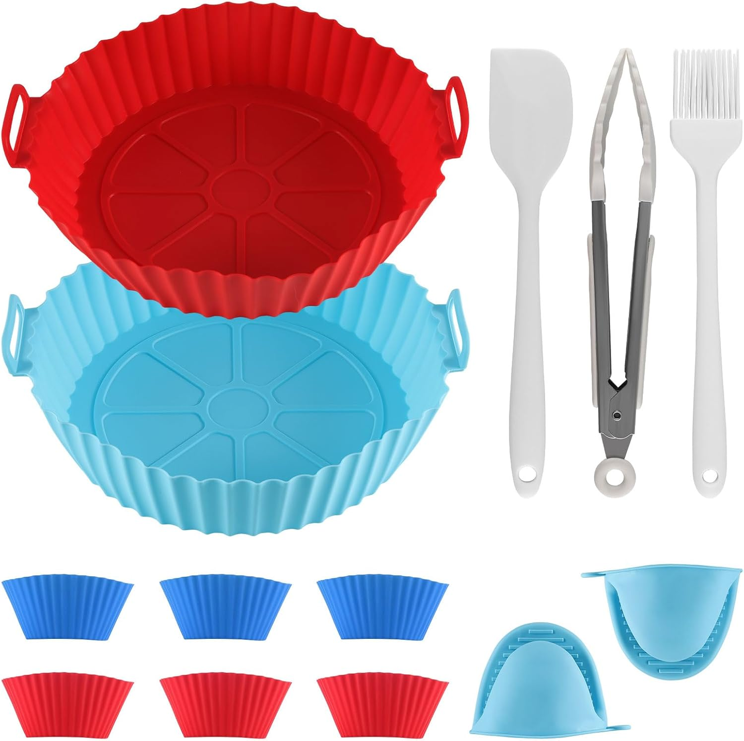 Silicone Air Fryer Liners Reusable,2 Silicone Air Fryer Liners round Airfryer Liners,6 Muffin Cup,1Cooking Tongs,1Oil Brush,2Oven Gloves,1Spatula(Bb13Pack) image number 6