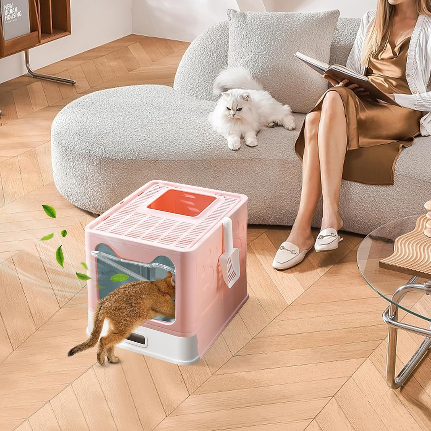 Stainless Steel Enclosed Cat Litter Box with Lid, Foldable Metal Enclosed XL Top Entry Kitty Litter Pan Tray with Scoop,Easy to Clean(Pink)