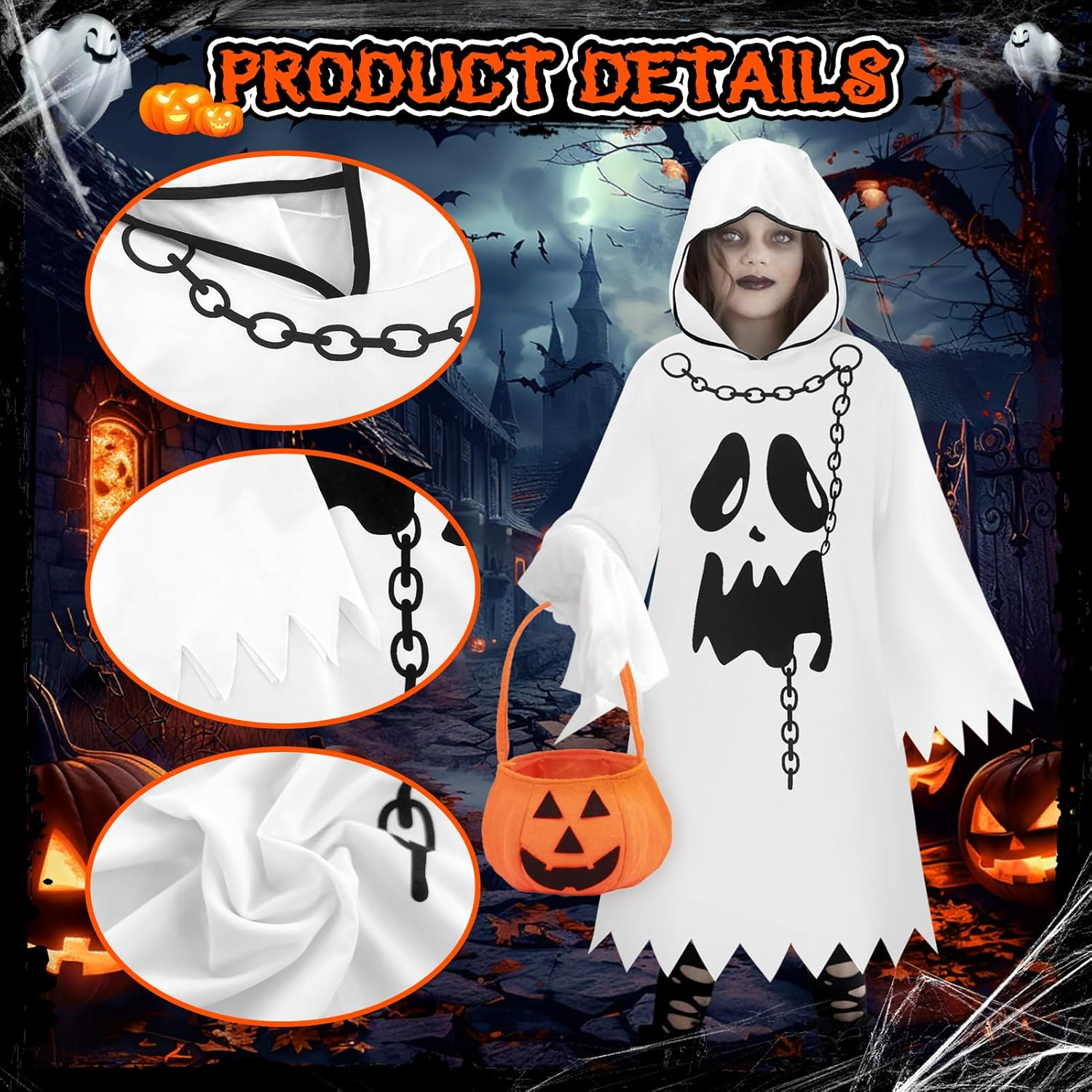 Ghost Costume Halloween Children: Boys Girls Ghost Costume with Handbag - Halloween Costume Ghost for Carnival Fancy Cosplay Party image number 4