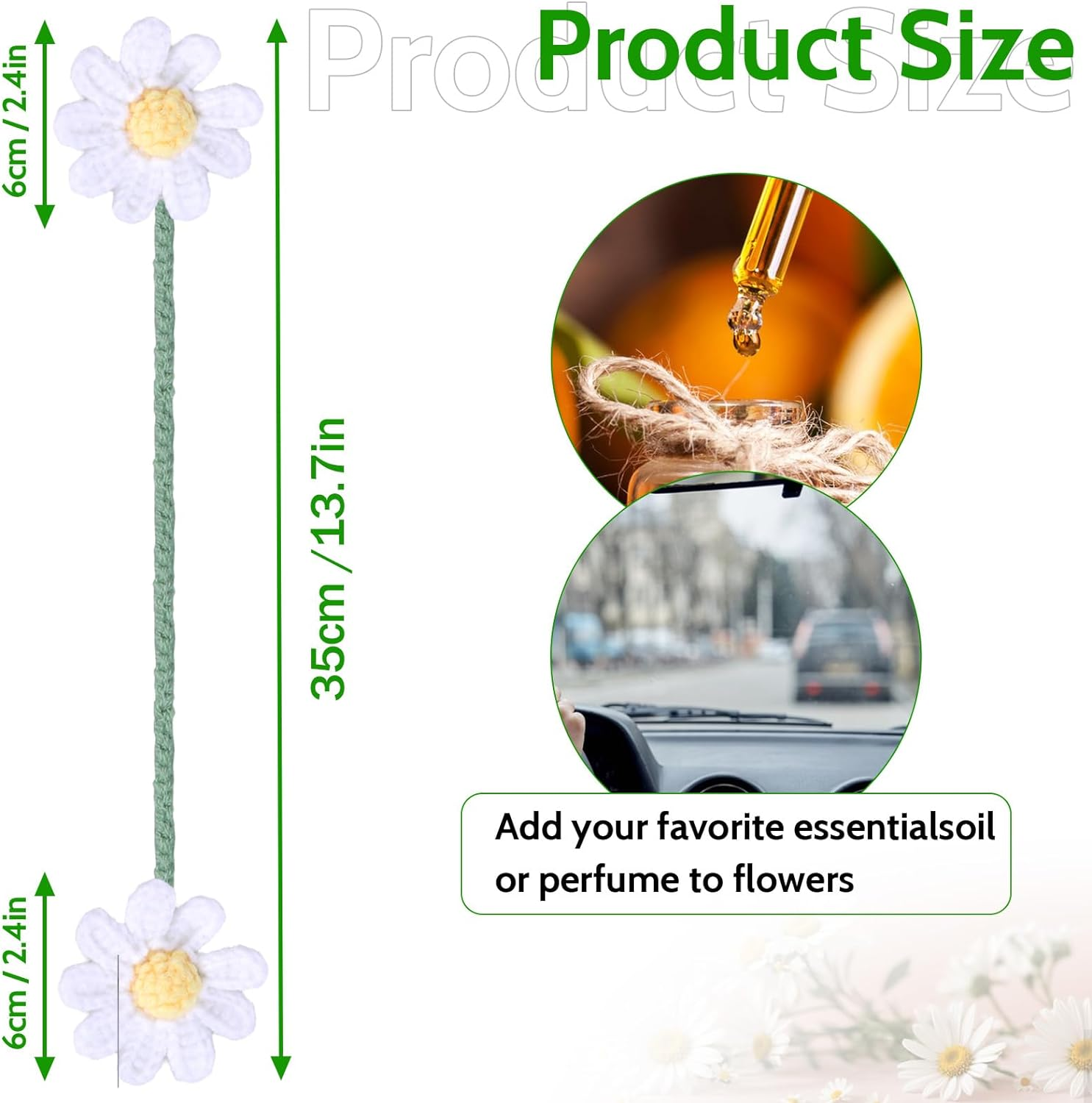 WLLHYF Crochet Daisy Car Pendant Cotton Cute Rear View Mirror Hanging Charms Handmade Knitted Woven Daisy Flower Tassel Car Accessories Automotive Interior Aesthetic (White) image number 2