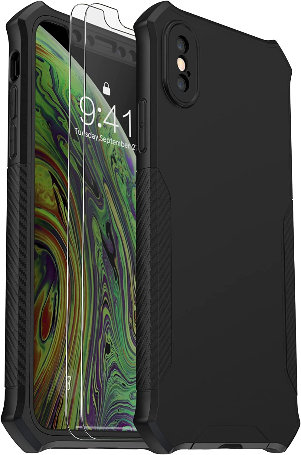 Oretech Designed for Iphone X/Iphone Xs Case with [2 X Tempered Glass Screen Protector] [Full Camera Lens Protection] Square Edge Shockproof Anti-Slip Phone Case Cover for Iphone X/XS Case-5.8" Black image number 4