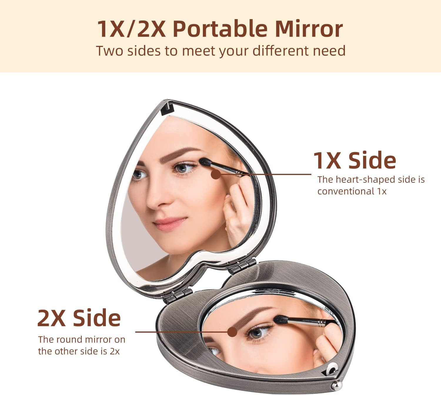 Mini Vintage Heart Elegant Makeup Mirror, Portable 1X/2X Magnifier (Silver) image number 4