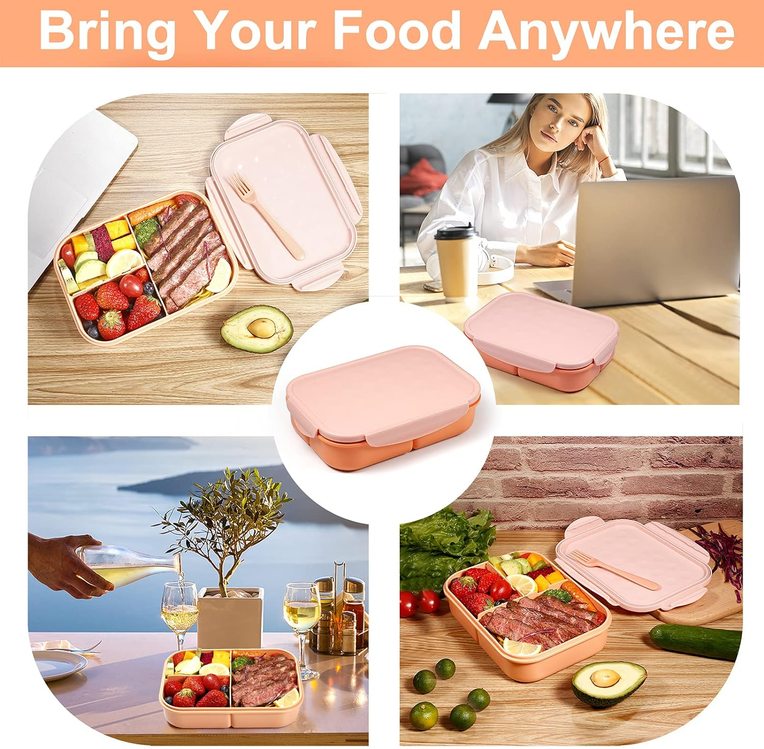 Jeopace Bento Box for Adults, 3 Compartments, Leakproof, Microwave Safe, BPA Free, Orange image number 3