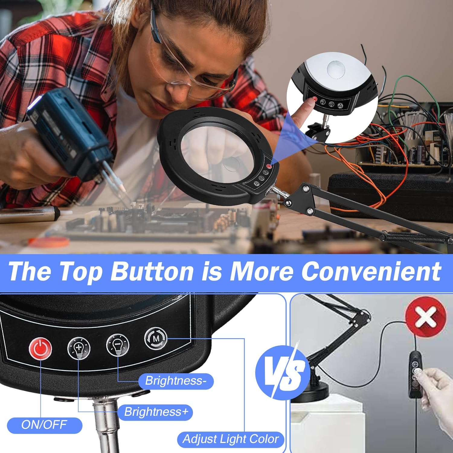 15X 10X Magnifying Glass with Light and Stand, 2 in 1 Magnifying Desk Lamp with Clamp & Base, 5 Color Modes Dimmable with Swing Arm, LED Lighted Magnifier Light for Reading, Repair, Craft, Close Work image number 2