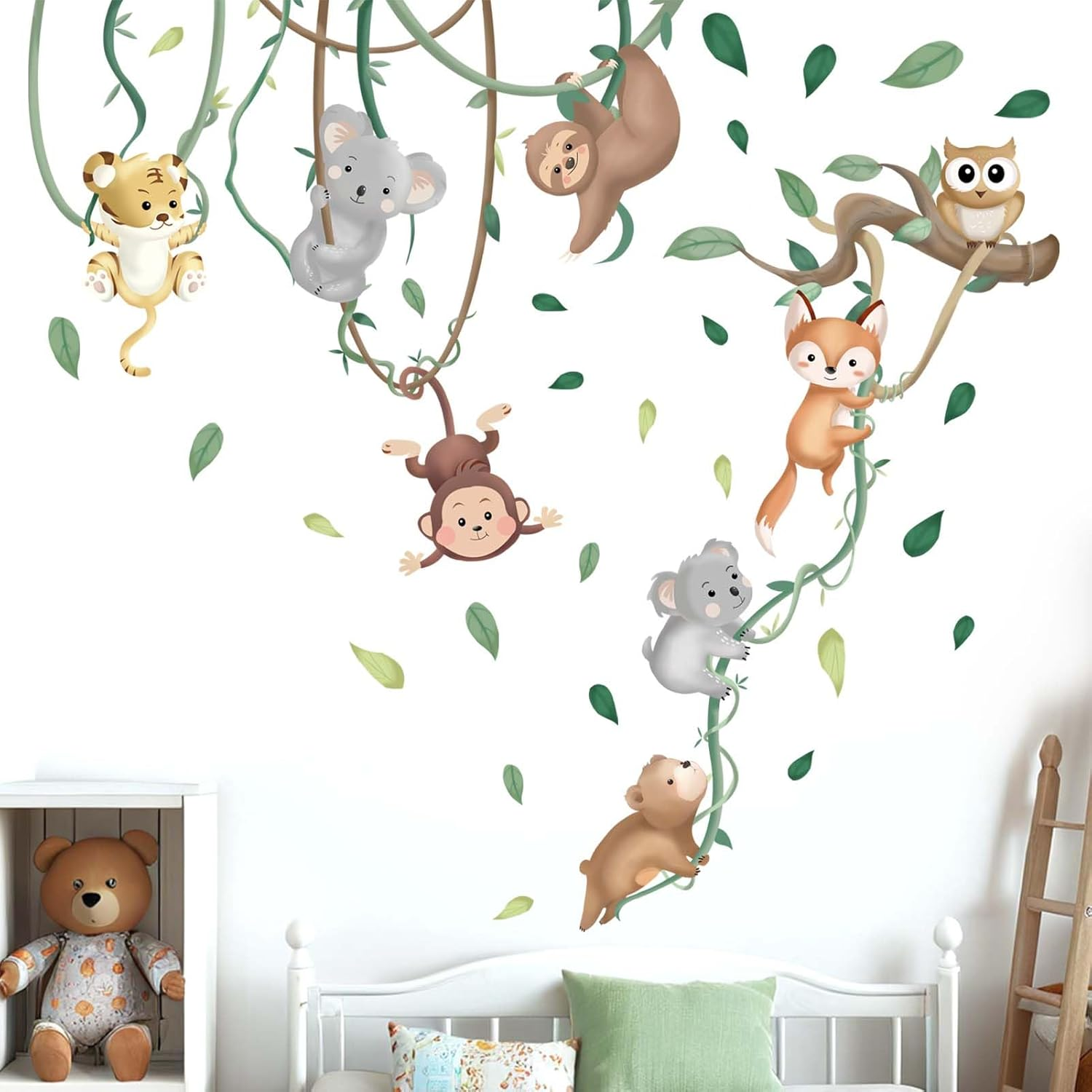 Baby Animals Wall Stickers for Nursery: Kids Boys Bedroom Classroom Daycare Wall Decals - Jungle Animals Climbing Tree Fox Giraffe Monkey Sloth Koala image number 4