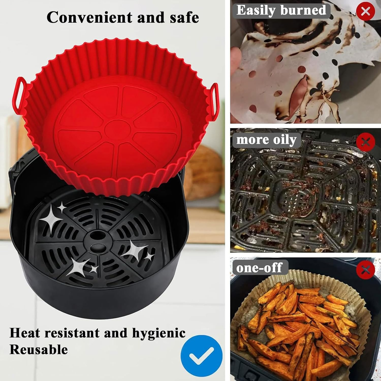 Silicone Air Fryer Liners Reusable,2 Silicone Air Fryer Liners round Airfryer Liners,6 Muffin Cup,1Cooking Tongs,1Oil Brush,2Oven Gloves,1Spatula(Bb13Pack) image number 4