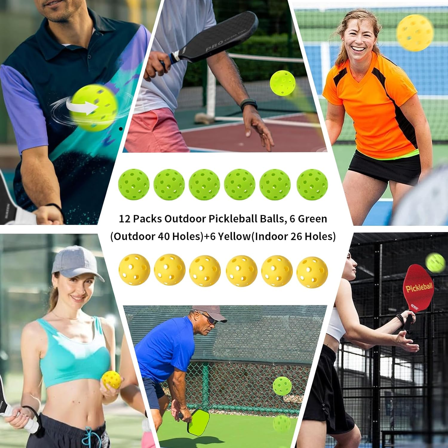 12 Packs Outdoor Pickleball Balls, 6 Green(Outdoor 40 Holes)+6 Yellow(Indoor 26 Holes), High Elasticity & Durable Pickleballs for All Style Pickleball Paddles, Great Gifts for Pickleball Lovers image number 5