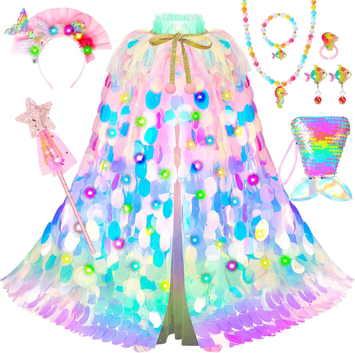 Princess Dress up Toys Princess Dress up Clothes Rainbow Mermaid Cape Kit 9 Pcs Gift Set for Little Girls 3-8 Years Old (Blue)