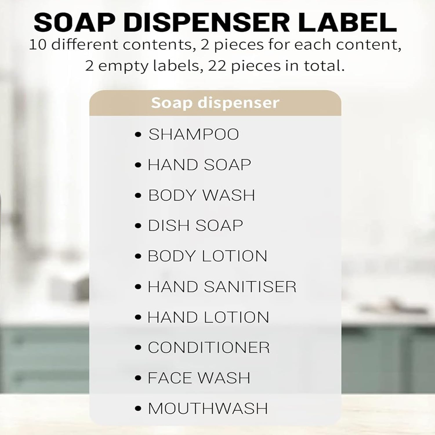 Waterproof Bathroom Labels, 22-Pack White Dispenser Stickers for Shampoo, Soap, Conditioner Bottles - Removable & Reusable image number 1
