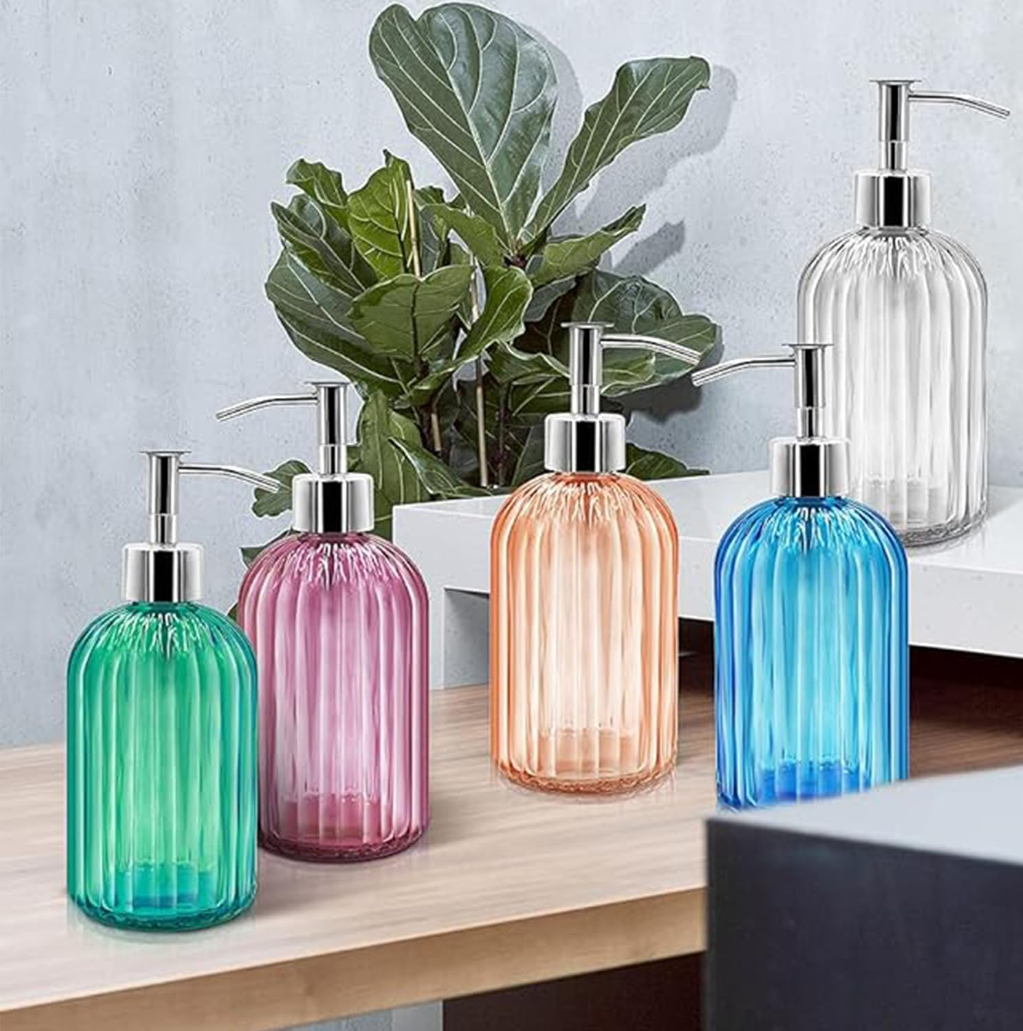 Clear Glass Soap Dispenser (2 Pack 400ML) Refillable Hand Soap Dispenser Vertical - Stripe Bathroom & Kitchen Dispensing Containers (Pink) image number 6