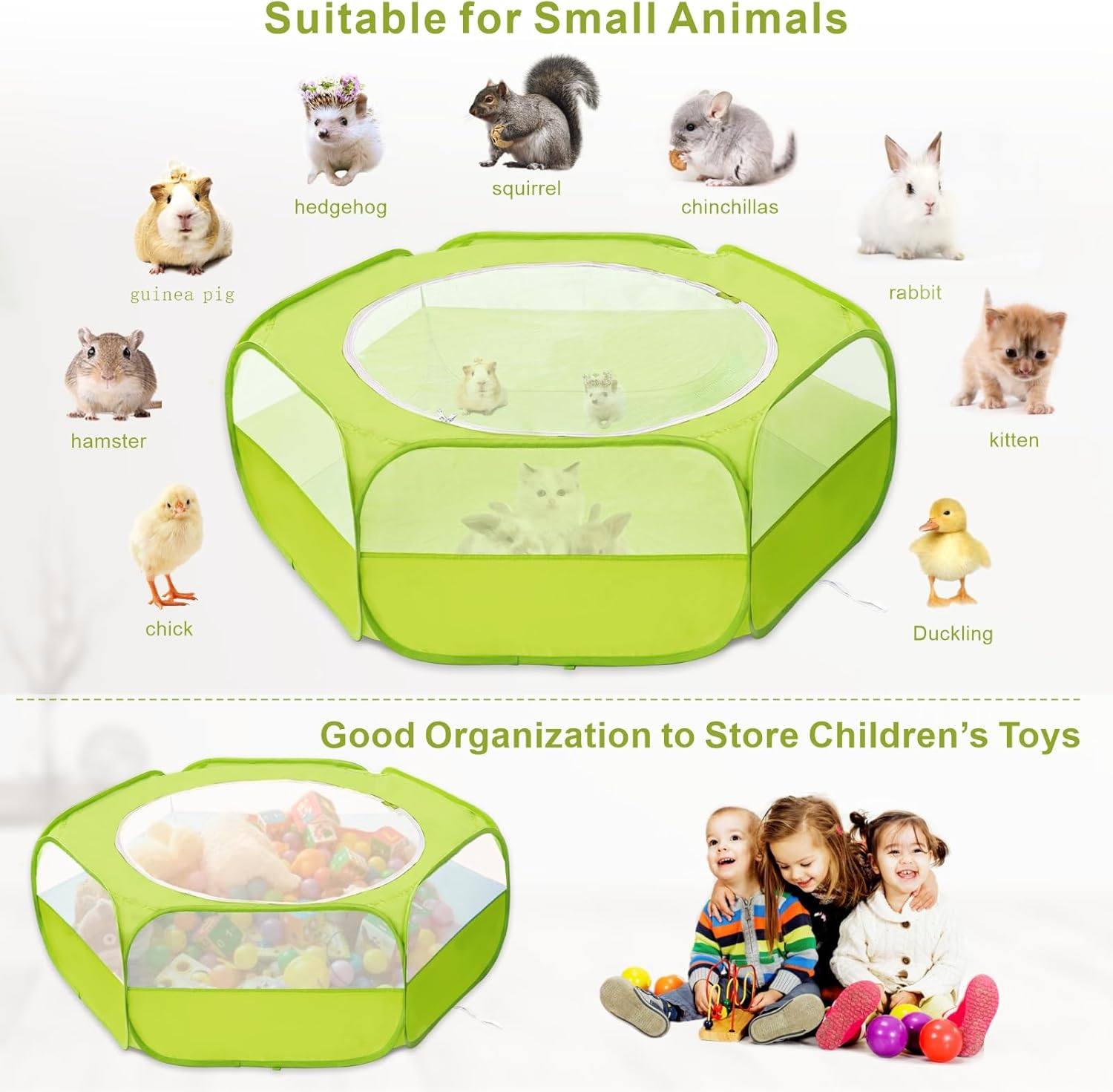 XIRGS Small Animal Playpen, Pet Playpen for Cat/Rabbit/Hamster/Guinea Pig/Bunny/Ferret/Kitten Toys Chick Brooder Box Cage Tent Pop up Play Pen with Cover, Portable Play Yard Indoor Outdoor Waterproof - Green image number 5