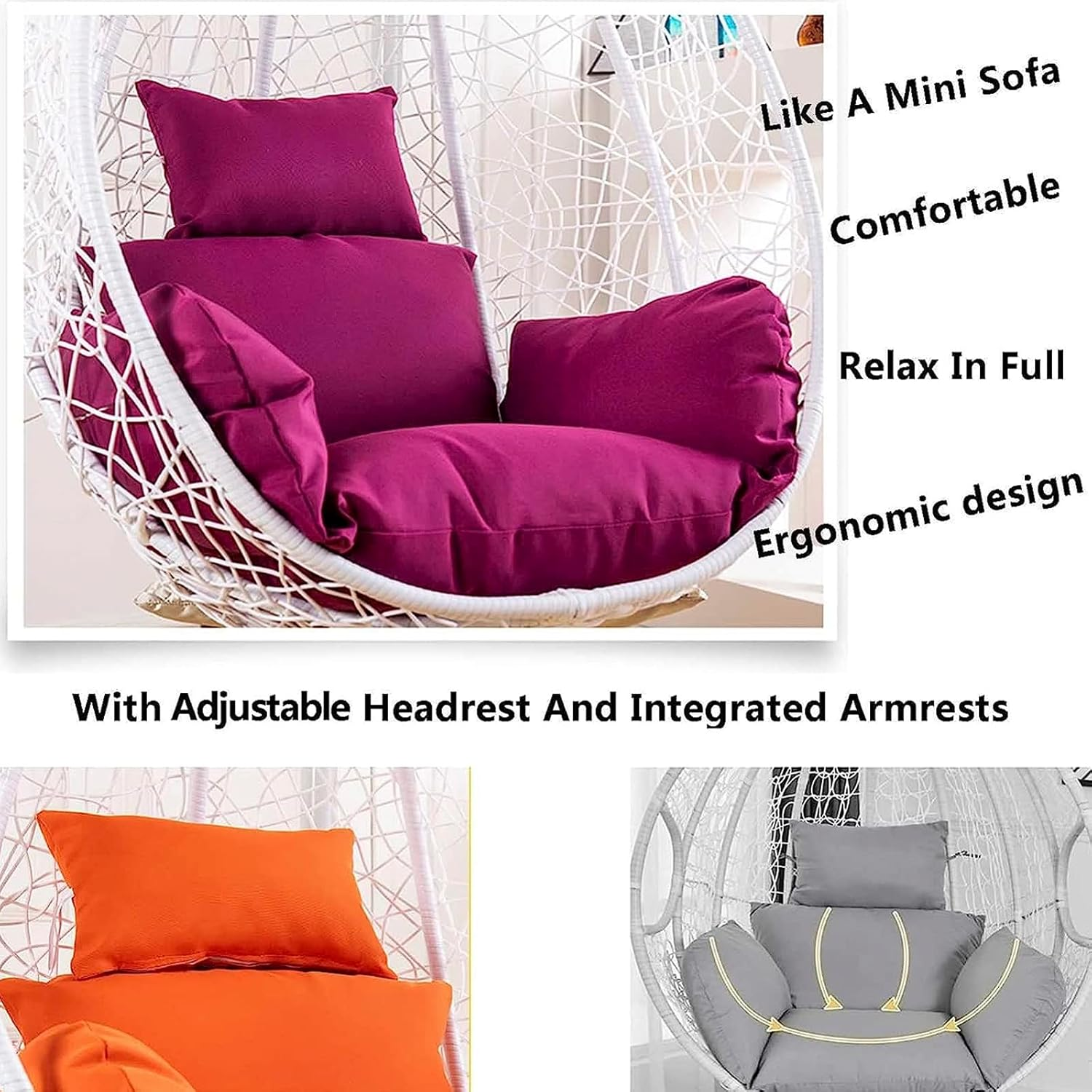 Cushion Egg Swing Cushion, Fluffy Outdoor Hanging Chair Cushion, Waterproof Replacement Cover for Hanging Chair Cushion, Hanging Chair Cushion with Headrest and Armrests, Orange image number 3