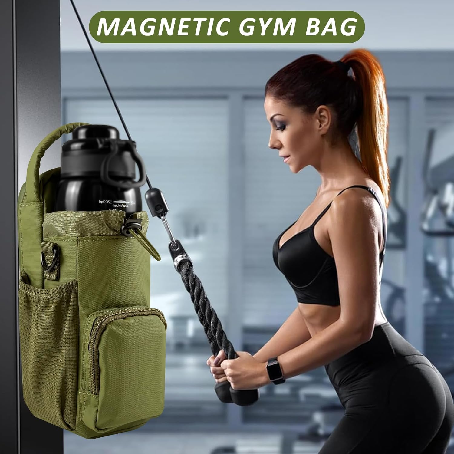 Magnetic Gym Bag for Men and Women, Magnetic Water Bottle Holder for Gym, Small Gym Bag, Gym Gifts for Women and Men, Green, up to 40 Oz, Movement image number 4