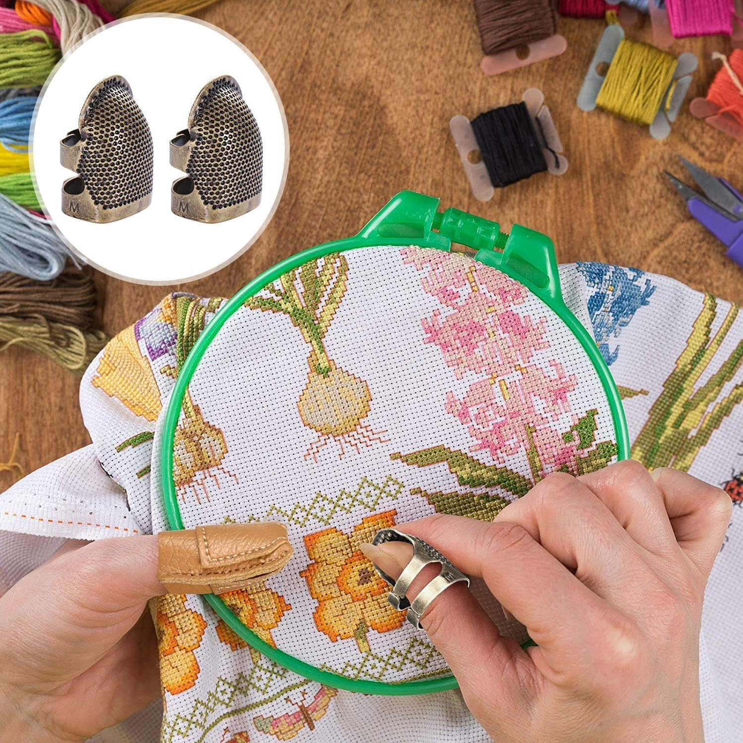 4 Pcs Sewing Thimbles, Funcyboo Adjustable Metal Sewing Thimble Embroidery Finger Protector Thumb Thimble for Knitting DIY Sewing Tools (M) image number 4