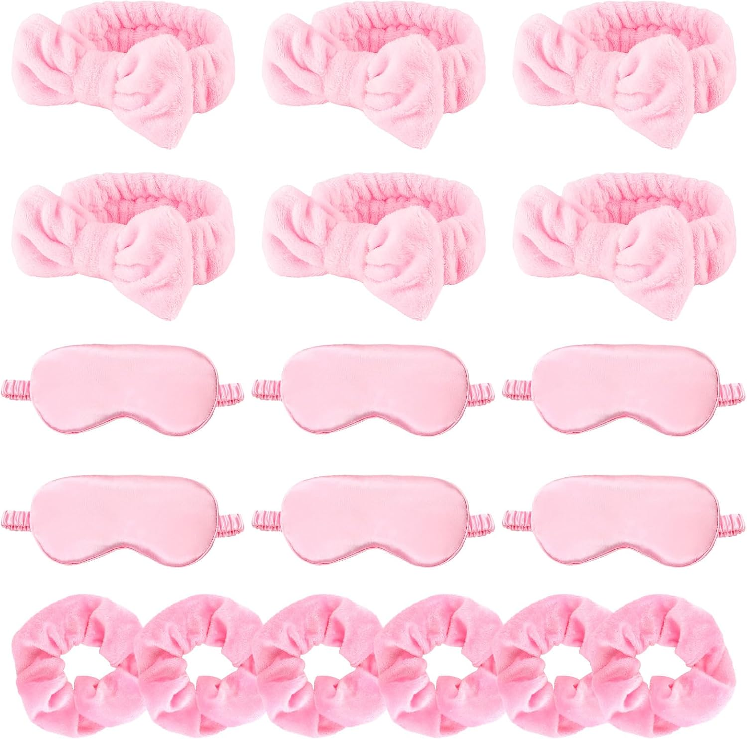 WHAVEL 18 Pcs Sleepover Party Supplies for Girls - Pink Party Favors Include 6 Spa Headband, 6 Silk Eye Mask and 6 Velvet Scrunchies for Spa Birthday, Bachelorette Party, Slumber (Pink)