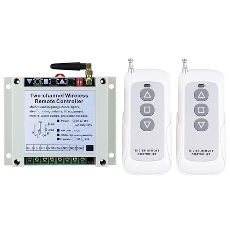 Wireless Control Switch DC 12V 24V 36V Motor Forward and Reverse Switch, 2 Channel 30A Relay Remote Control Learning Switch Use for Garage Doors, Window, Motor & More