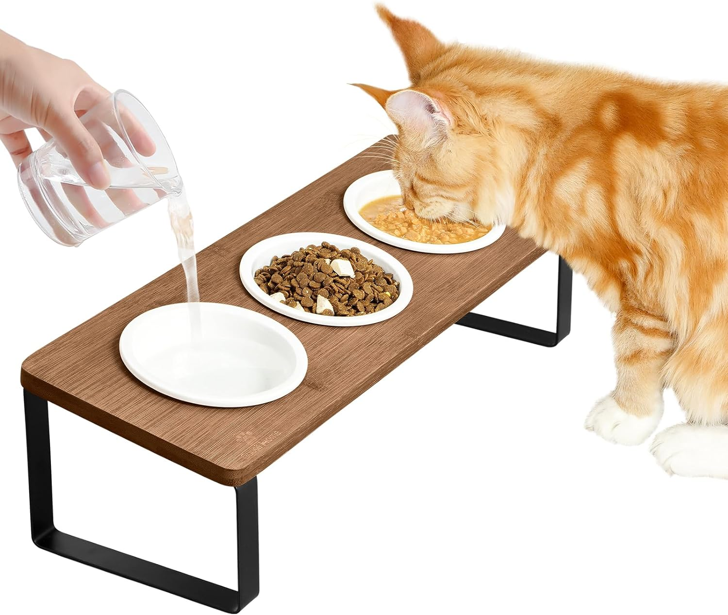 Sunhoo Raised Cat Food Water Bowl Elevated Tilted Kitty Dishes Set of 3 Ceramic Dish for Indoor Cats Orthopedic Pet Food Stand Reduces Vomiting 3 Bowl Cat Feeder Easy Assembly(Wood Color)