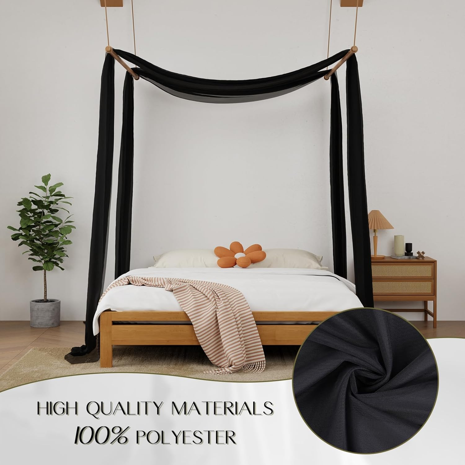 Canopy Bed Curtains - 2 Panel Curtains for Bed in 52 X 144 Inches Black Sheer Scarf Luxury Sheer Curtains for Adults Girls Room Decor(Twin,Black) image number 3