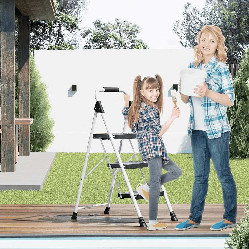 KINGRACK 3 Step Ladder, Sturdy Steel Folding Step Stool with Safe-Lock Design, Handrail, Anti-Slip Wide Pedals, Pass 150 KG Load Testing, Portable Stepladder for Multi-Purpose, Home, Kitchen, White image number 2