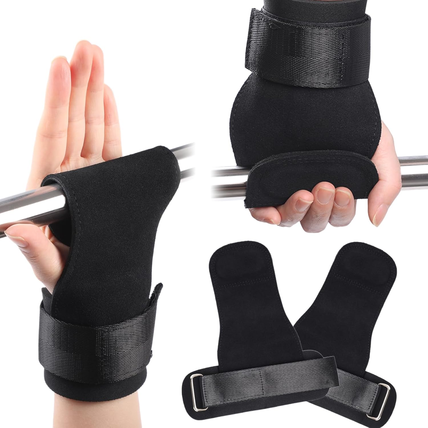 Simpeak Weight Lifting Wrist Strap Gymnastics Hand Grips, Double Leather Weight Lifting Gloves Women Men, Wrist Support Palm Hand Protection for Weightlifting, Cross Training, Pull Ups, Pair Black