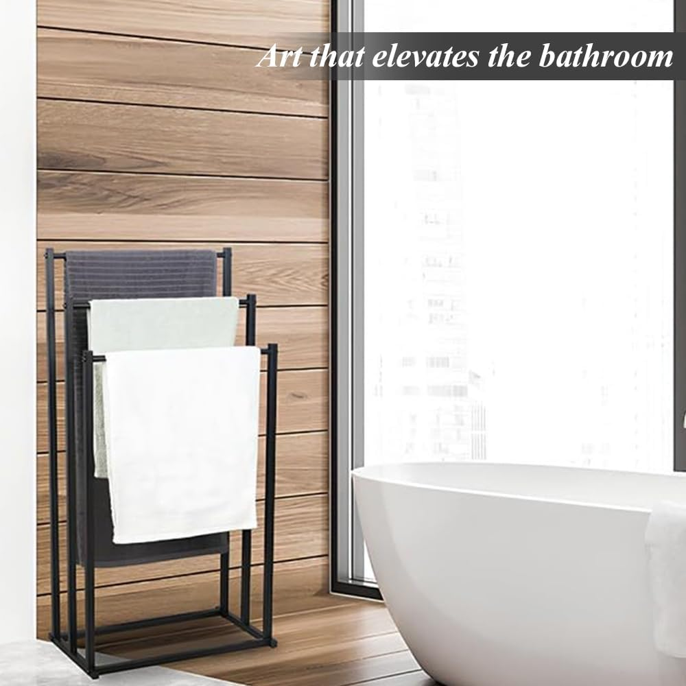 3 Tiers Floor Bath Towel Holder, Metal Free Standing Storage Racks, Portable Towel Organizers, Standing Towel Racks, Organizer Shelf for Bathroom, Bedroom, Laundry Room (Black) ﻿ image number 3