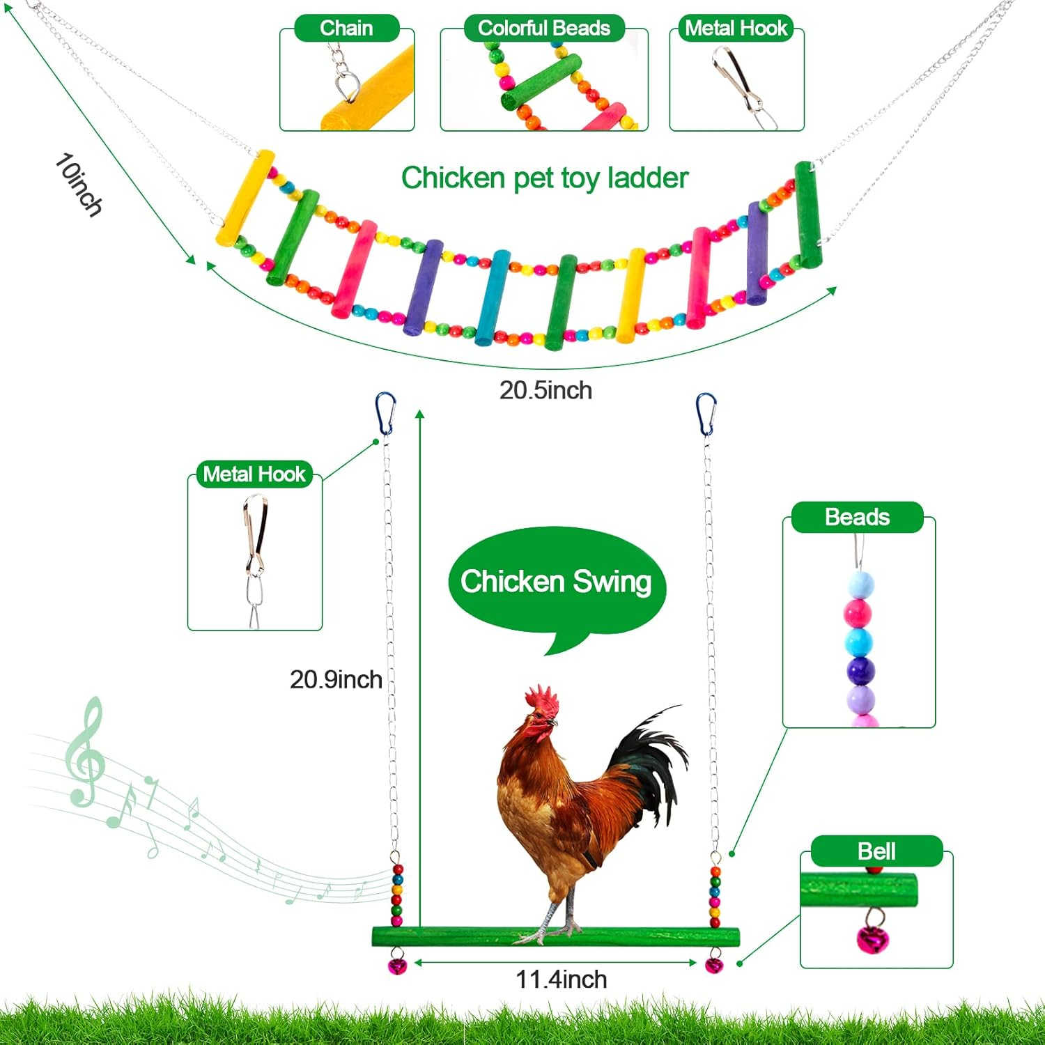 9Pcs Chicken Toys for Coop Accessories - Chicken Xylophone Toy, Chicken Mirror, Chicken Ladder Bridge, Coop Swing, Vegetable Hanging Chicken Feeder, Chewing Foraging Toys, Gifts for Hens image number 5