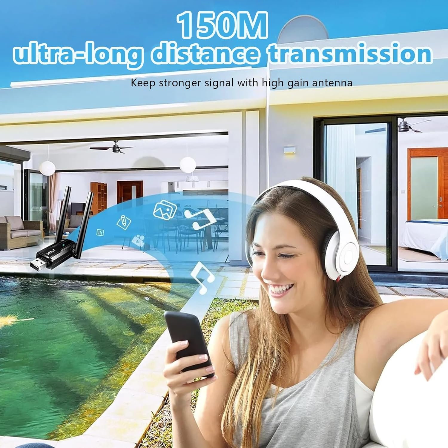 USB Bluetooth 5.3 Adapter with Dual High Gain Antenna, No Delay and Anti-Interference, Long Range Wireless Bluetooth Receiver for Windows 11/10/8.1/7 PC Mouse Keyboard [Up to 7 Devices]