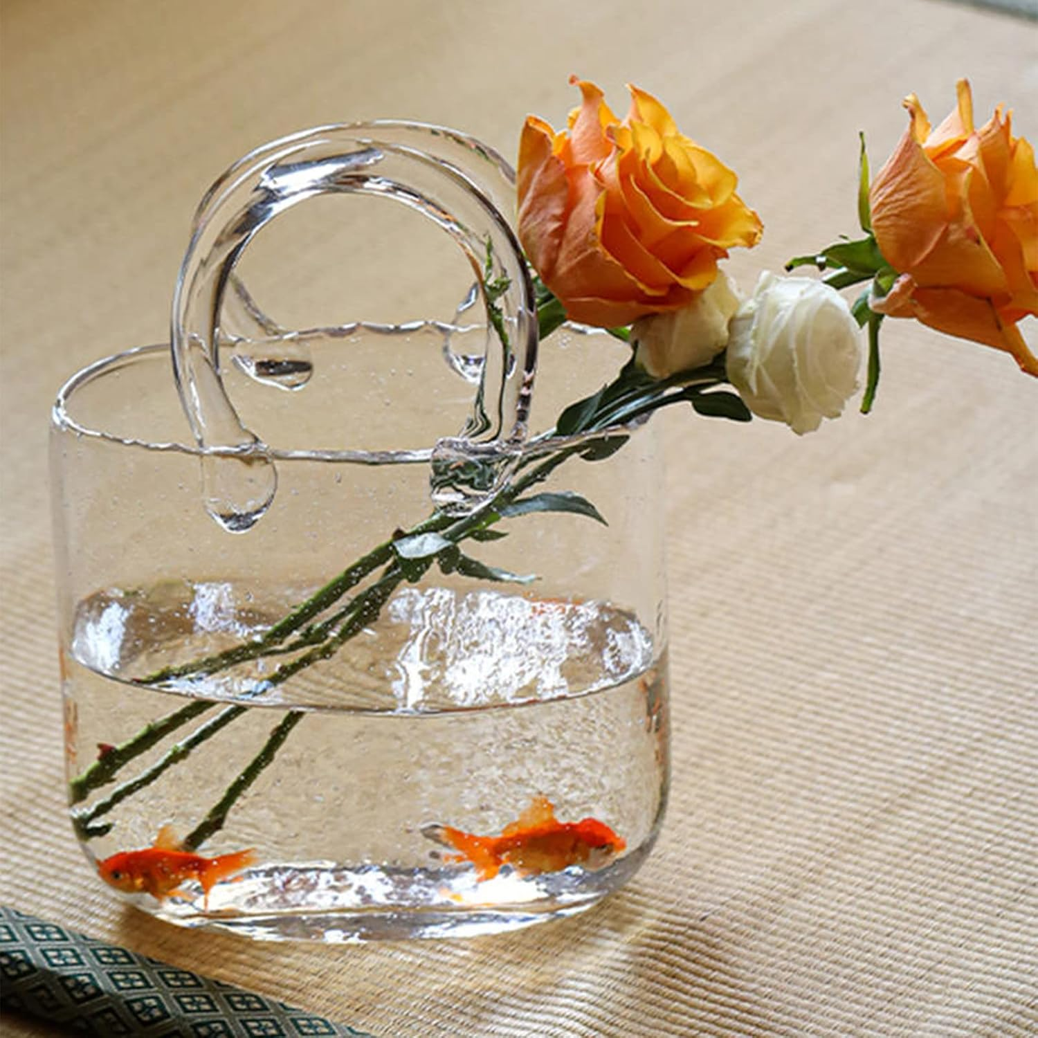 IUIBMI Glass Bag Vase for Flowers, Hand Blown Clear Purse Vase with Bubbles in It, Clear Glass Vase with Handles, Handbag Shape Flower Vase, Unique Fish Tank for Home Wedding D&eacute;cor (Clear) image number 1