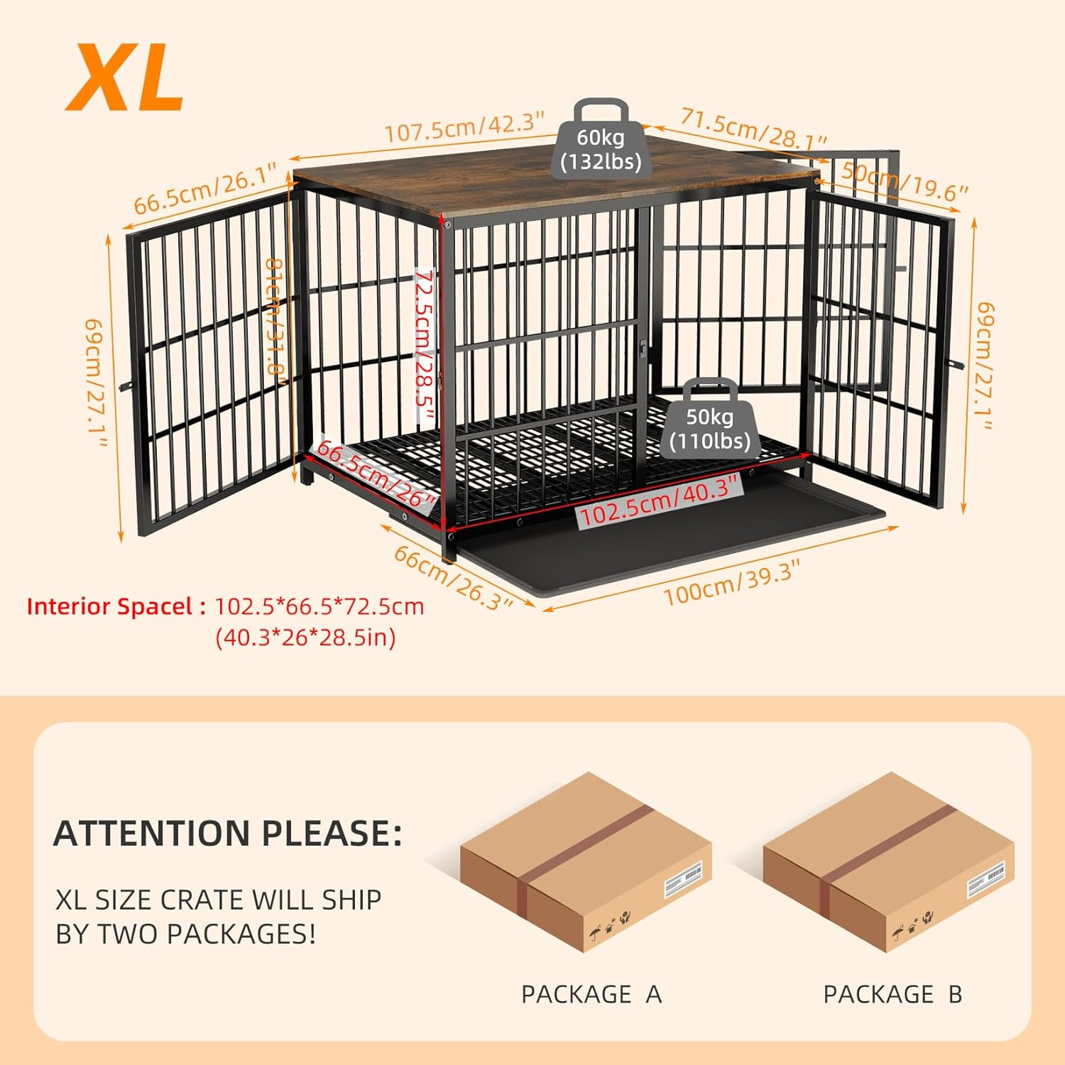 Bingopaw Wooden Dog Crate Indoor: 42Inch Furniture Style Extra Large Pet Cage Pet Kennel End Table with Three Doors and Removable Tray for Large Dogs Black