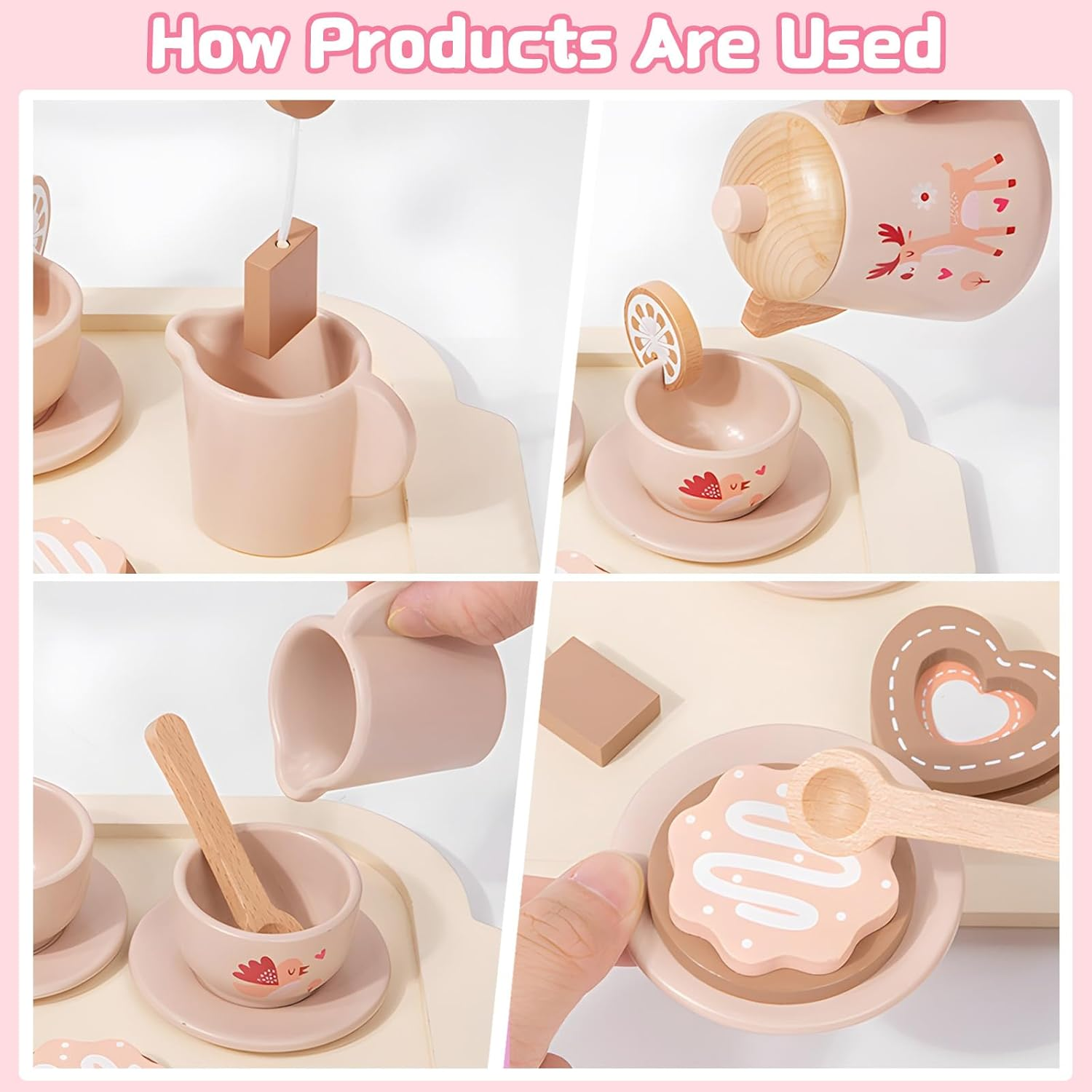 Wooden Tea Party Set for Little Girls, Play Kitchen Accessories for Toddlers Princess Tea Time Party Food Toys for 3 4 5 6 Years Old Gifts image number 1