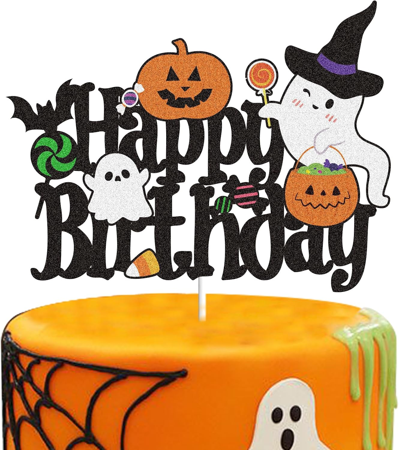 Happy Halloween Cake Topper Halloween Holiday Decorations Black Glitter Ghost House Pumpkin Moon Bat Themed Halloween Party Decoration Supplies image number 4