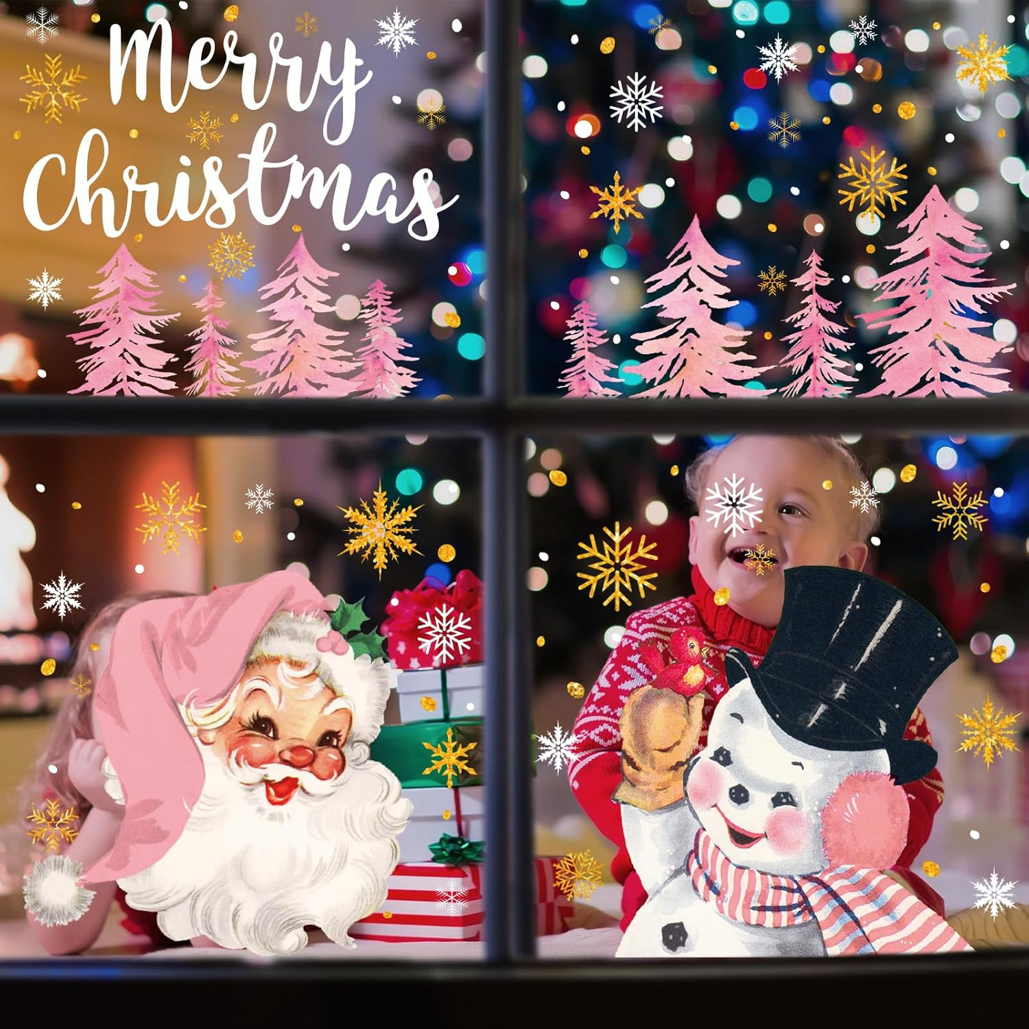 6 Sheets Christmas Window Clings Vintage Xmas Pink-Gold Santa Snowman Window Decals Double-Sided Winter Holiday Glass Decor image number 6