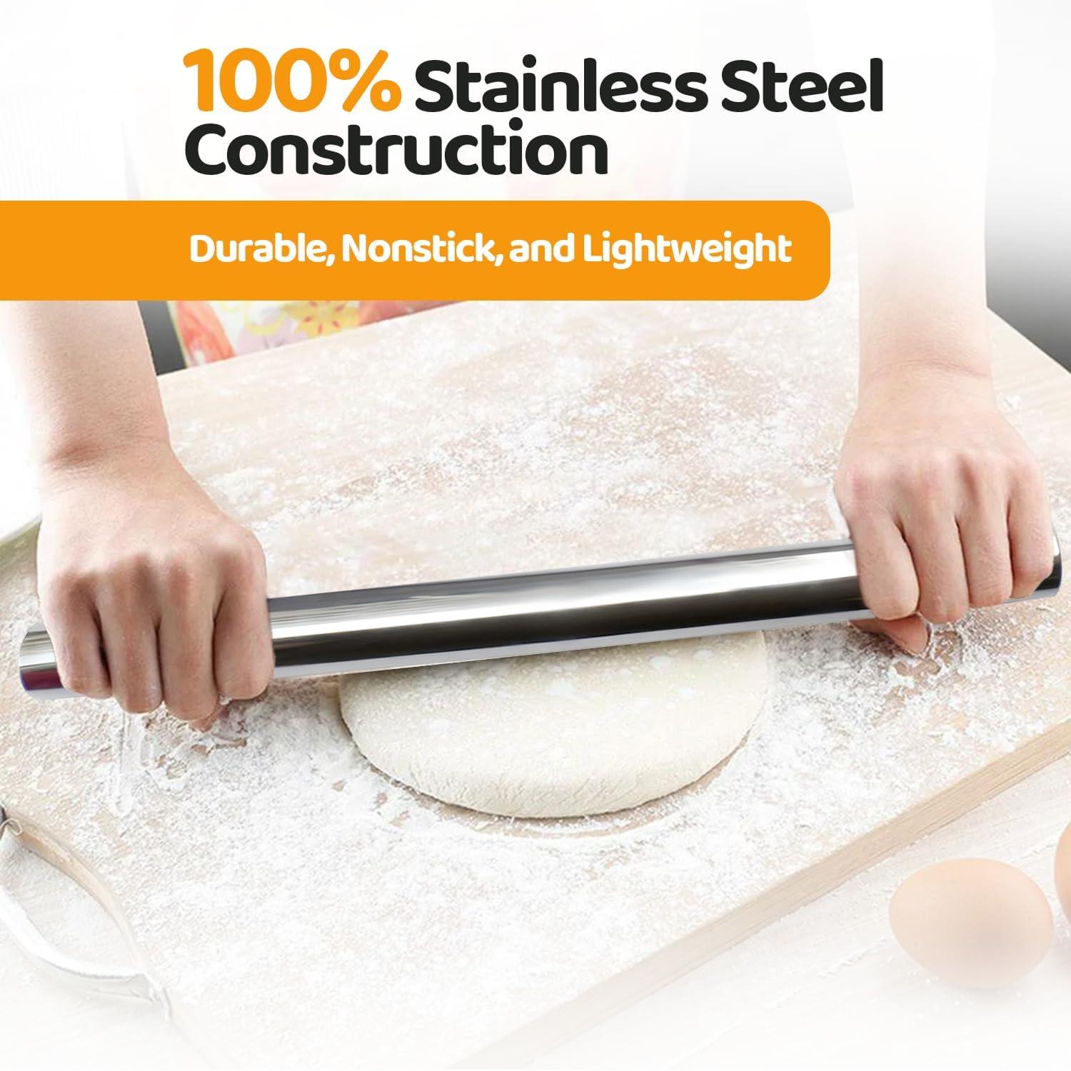 Stainless Steel Rolling Pin for Baking &ndash; Heavy-Duty Dough Rolling Pin for Pizza, Cookies & Pastry | Non-Stick, Easy to Clean, Kitchen Essential image number 3