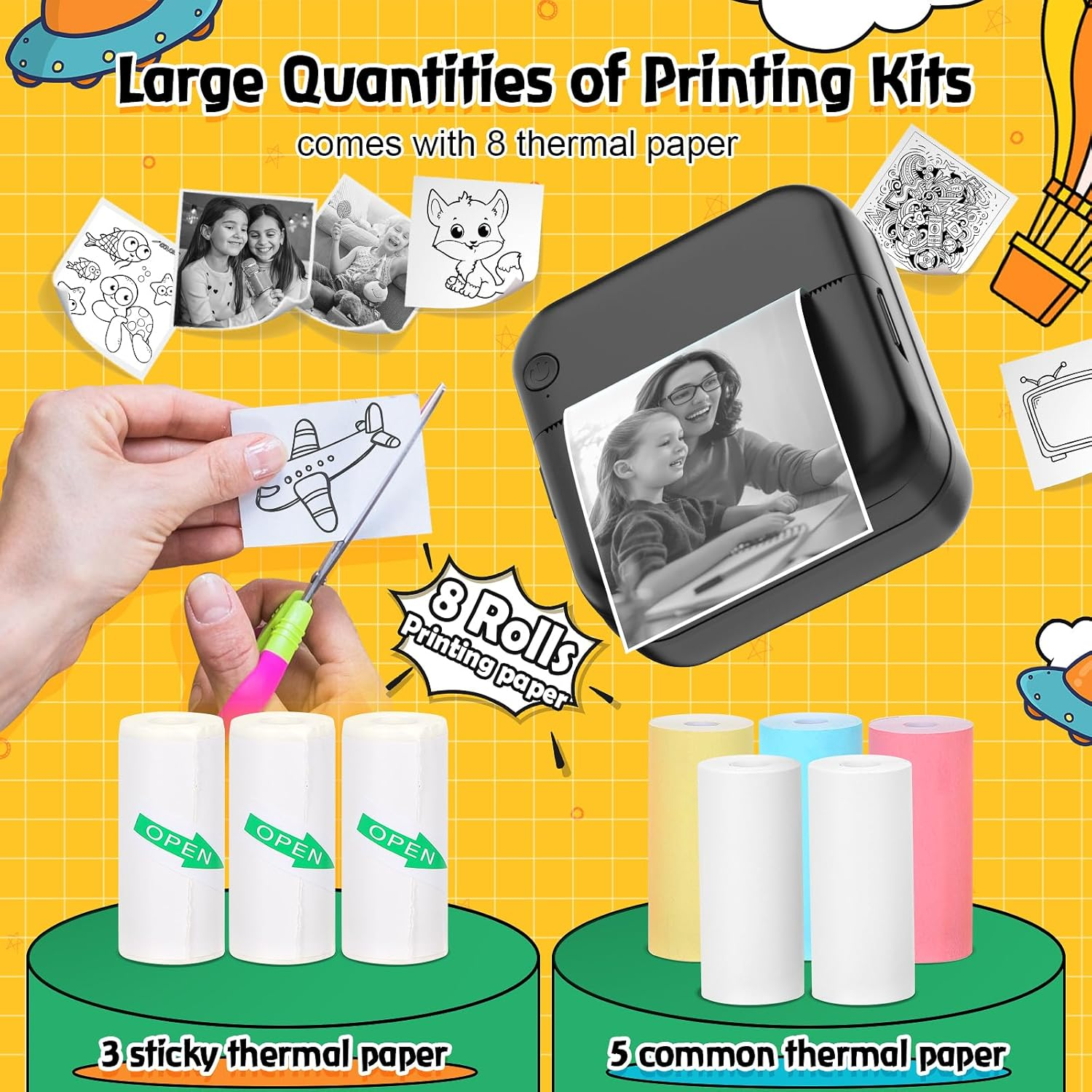 QYCHHJ Inkless Mini Printer for Iphone/Android/Tablet, Bluetooth Mini Thermal Printer with 8 Rolls Thermal Paper, Portable Sticker Printer for Study Notes Journal Memo Photo Picture, Black image number 1