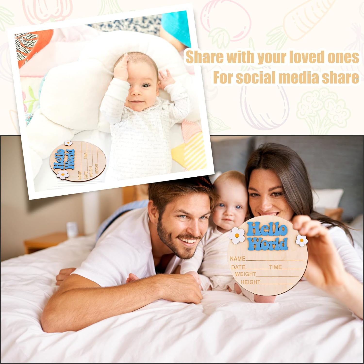 Wooden Baby Announcement Sign, 5.91 Inch Cute Hello World Newborn Sign with Flower Decor, New Baby Plaque Birth Announcement Sign for Hospital New Parents Baby Shower image number 4