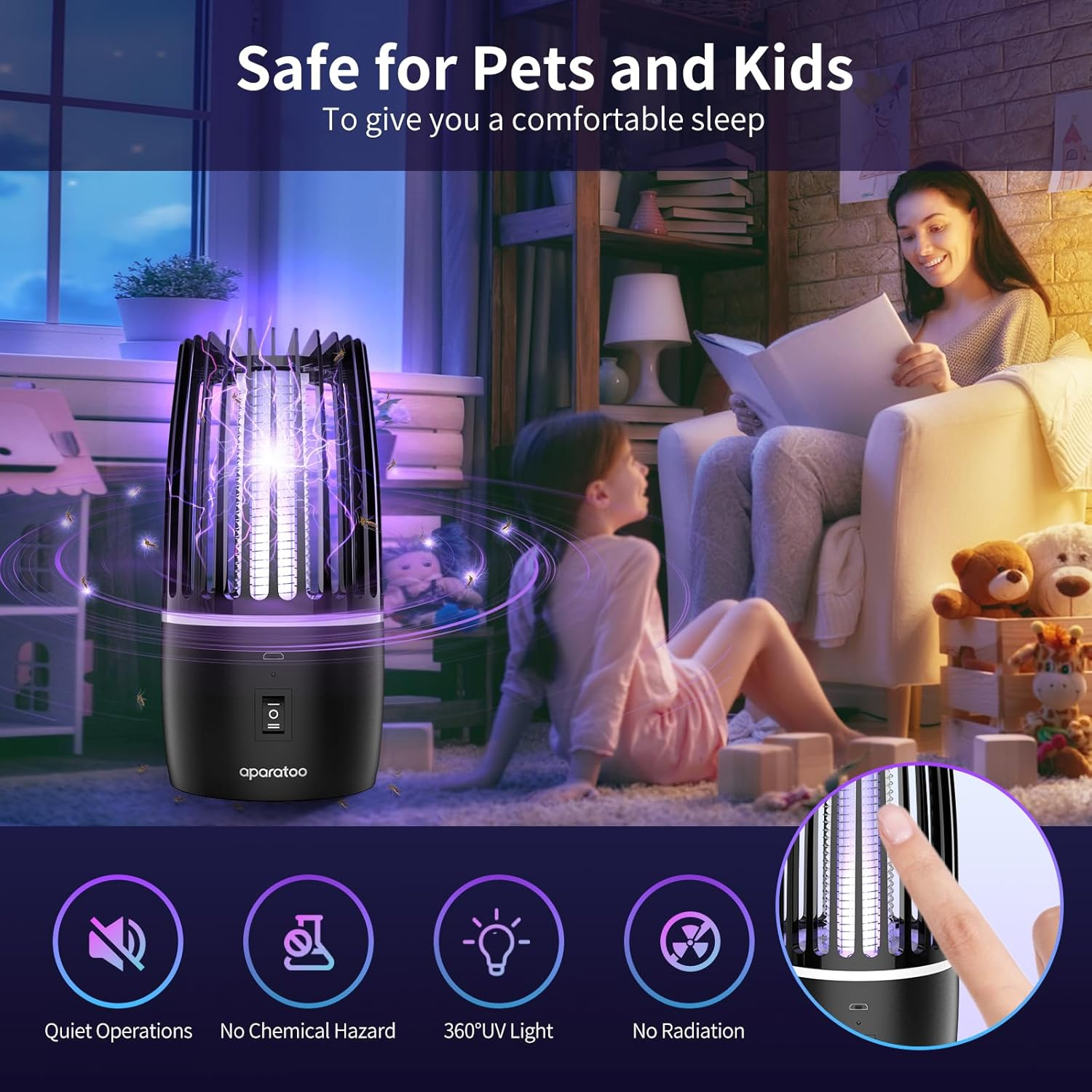 Fly Killer, Mosquito Killer Lamp Electric Fly Zapper Fly Trap, USB Fruit Fly Killer UV Insect Killer Bug Zapper for Bedroom, Camping, Kitchen, Office, Safe Fly Catcher Outdoor Indoor for Home Use image number 6