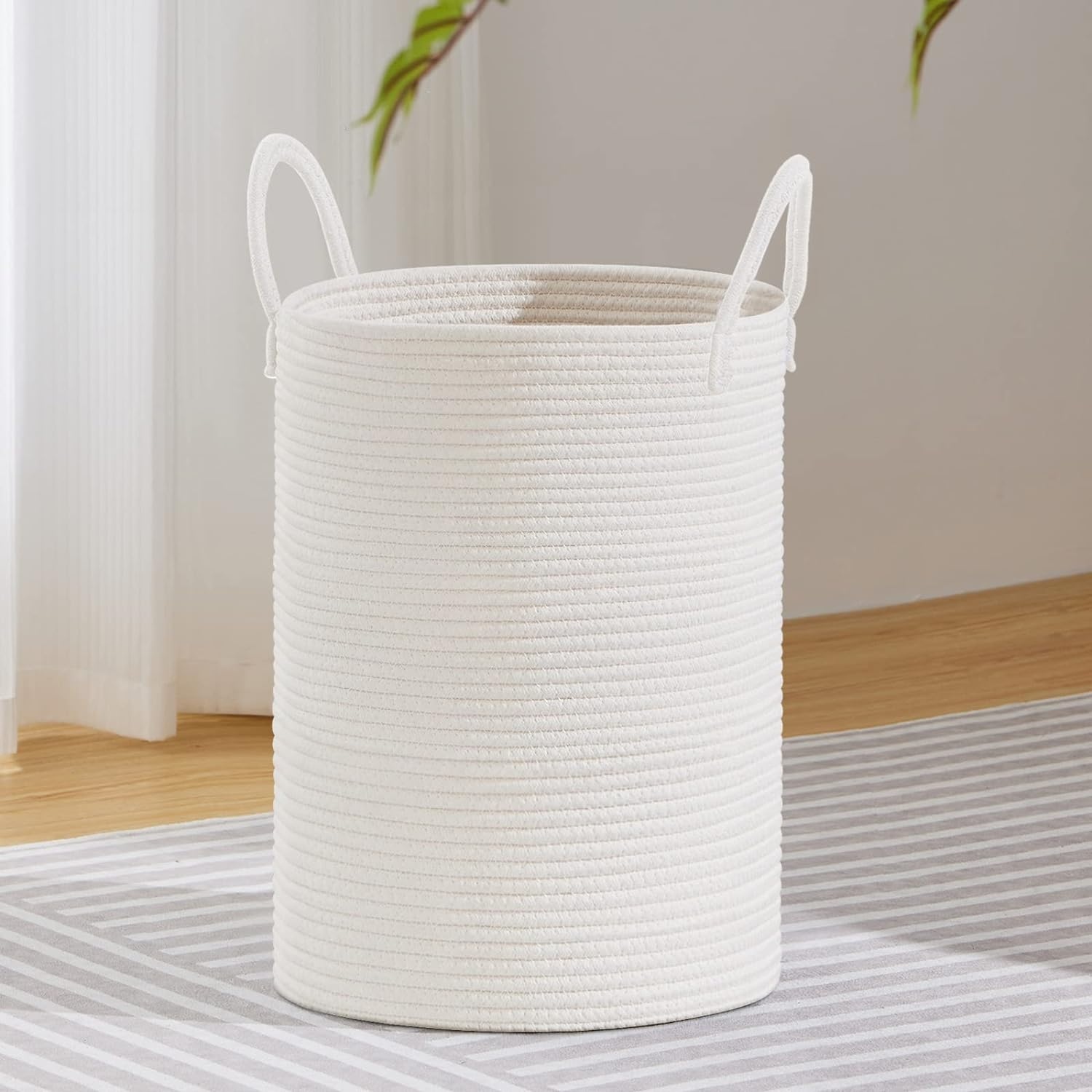 VIPOSCO Large Laundry Hamper, Tall Woven Rope Storage Basket for Blanket, Toys, Dirty Clothes in Living Room, Bathroom, Bedroom - 58L White image number 1