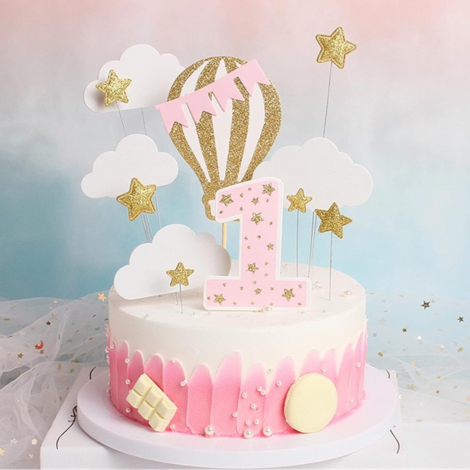 12 Pack Hot Air Balloon Cake Topper with White Cloud Little Stars for Boys First Birthday Party Decorations (Pink) image number 3