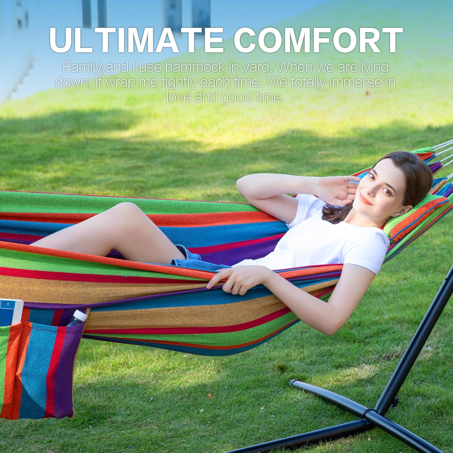 PNAEUT Double Hammocks with Stand for Outside, Portable Space Saving Heavy-Duty Steel Stand for Indoor Outdoor Patio, 450 Lbs Capacity (Tropical) image number 6