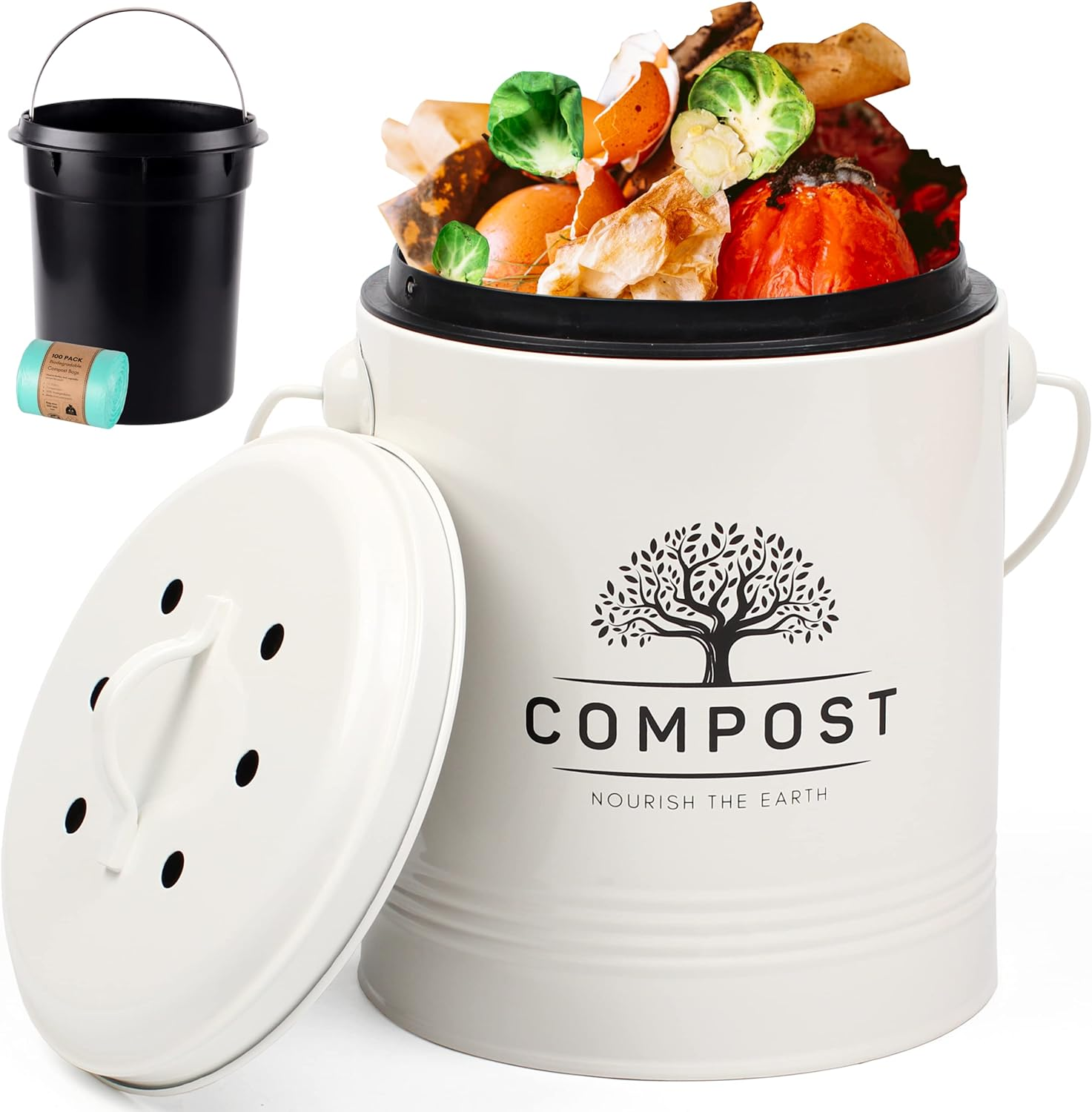 Perfnique Kitchen Compost Bin, 1.3 Gallon Countertop Compost Bin with Lid, Indoor Compost Bucket Includes Inner Bucket Liner and Carbon Filter, Small Compost Bin with Trash Bags