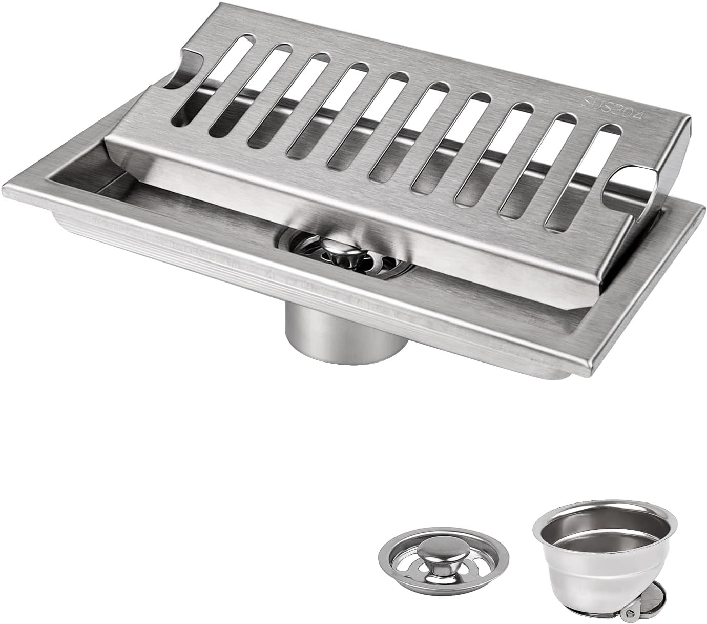 20 X 10 Cm Silver Rectangular Floor Drain with Stainless Steel Grate, Odour Trap, and Hair Catcher for Shower, Toilet, Bathroom, Kitchen, Balcony image number 5